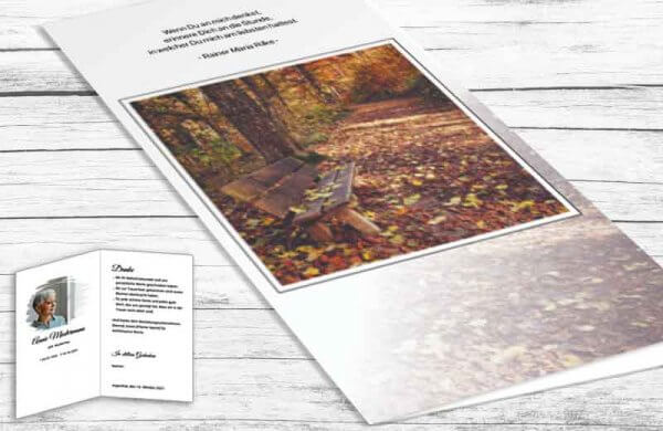 Trauer Danksagungskarte Herbstwald mit Bank