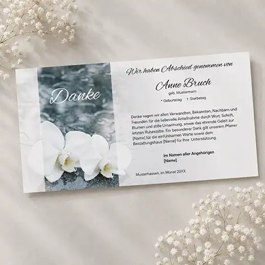 Edle Orchidee Trauer-Danksagungskarte mit weißer Orchidee