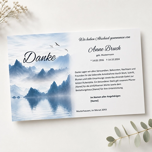Trauer-Danksagungskarte Ewigkeit mit Bergsee-Motiv